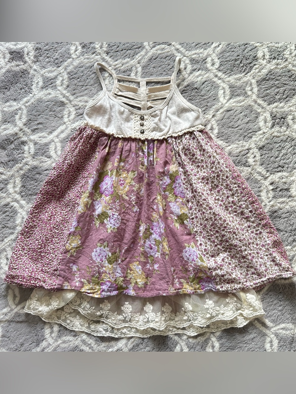 Free Planet Girls Cream Bodice Purple Floral Patchwork Tank Dress Size 4